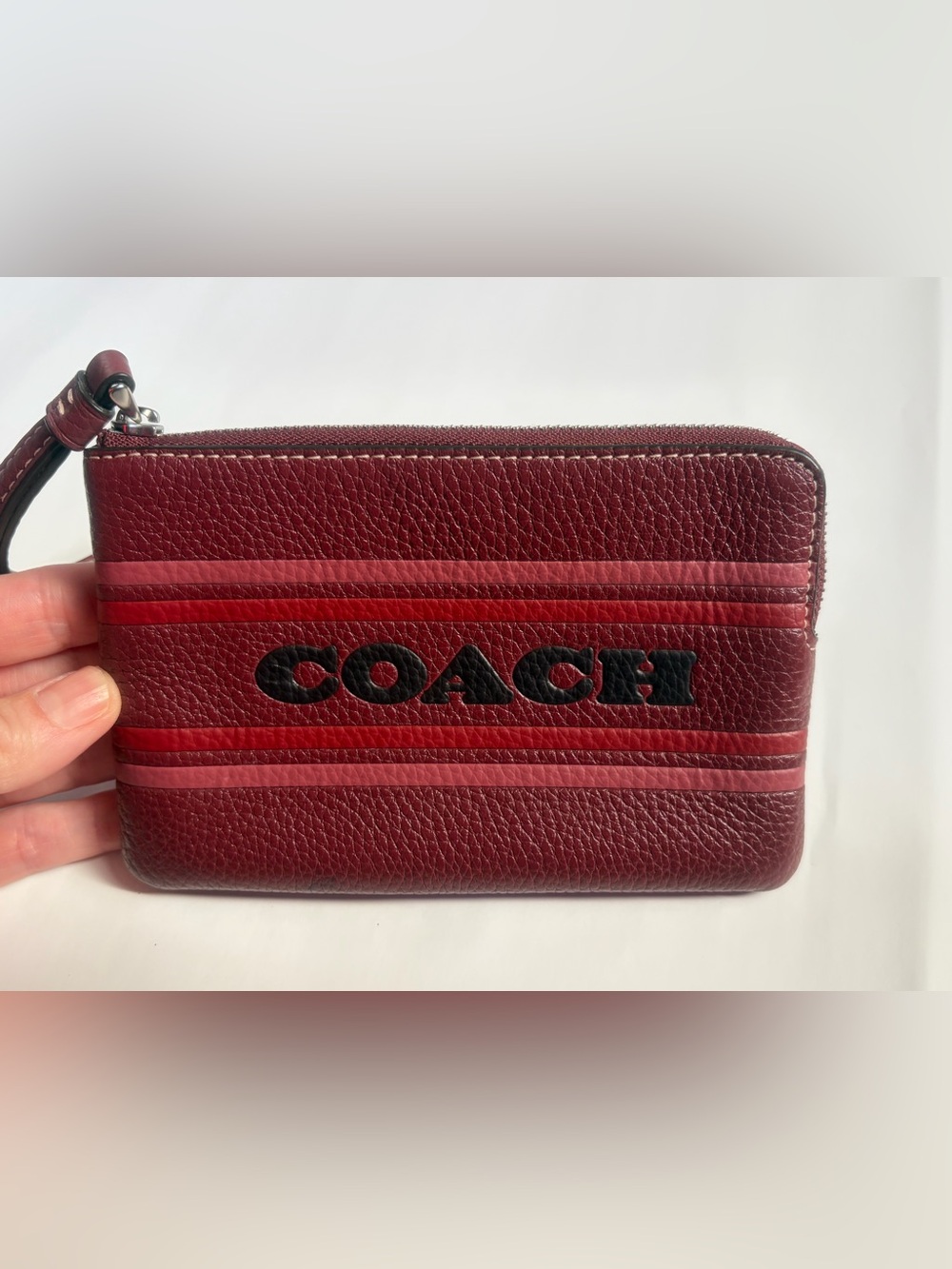 Coach CH311 Burgundy Leather Stripe Corner Zip Wristlet Red Pink Logo